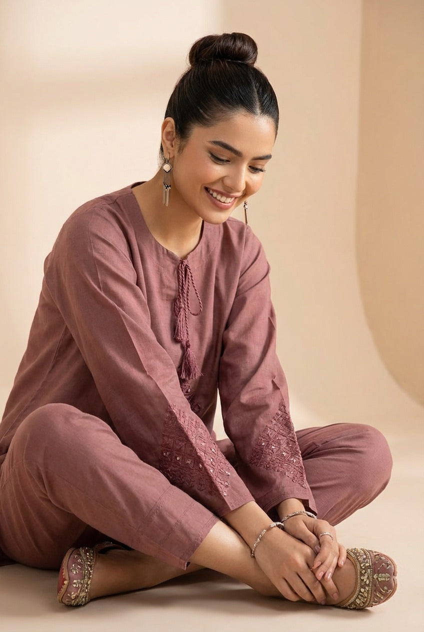 Dusty rose hand emborided co_ord set