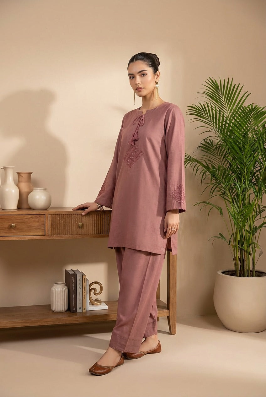 Dusty rose hand emborided co_ord set