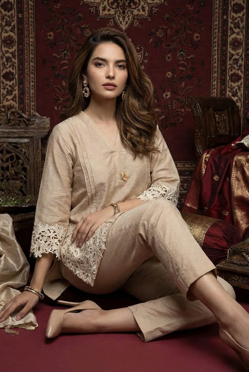 Beige Lazer cut work