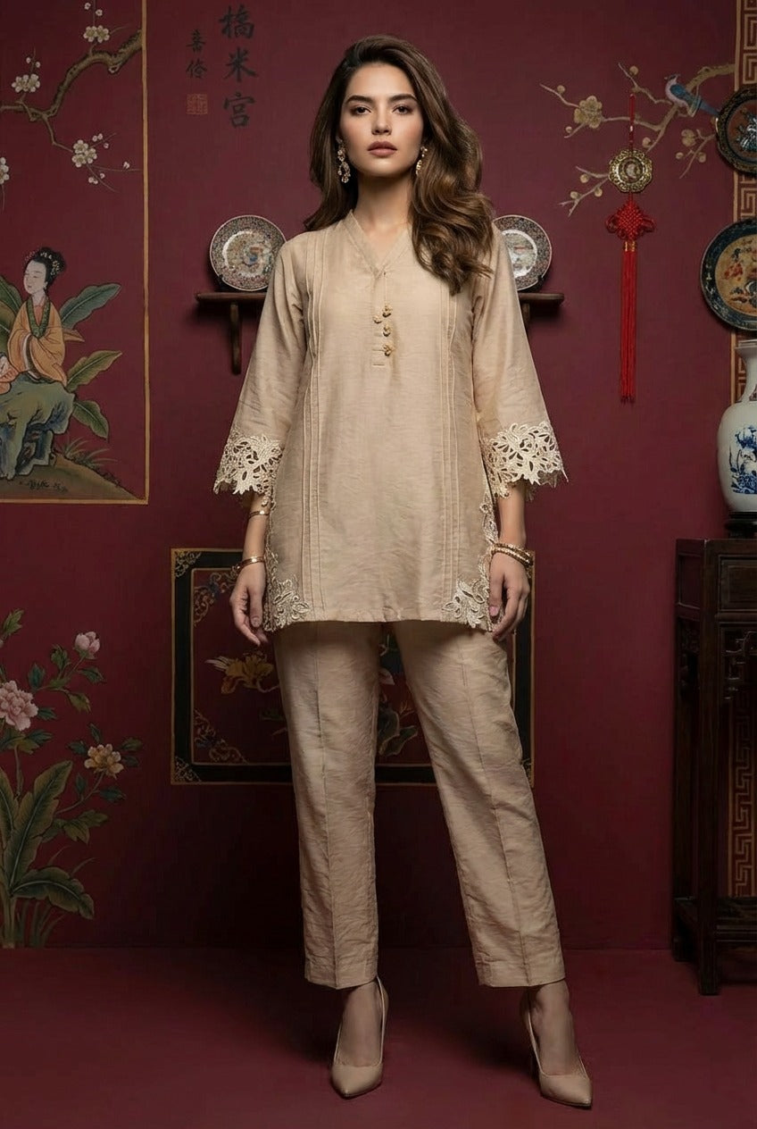 Beige Lazer cut work