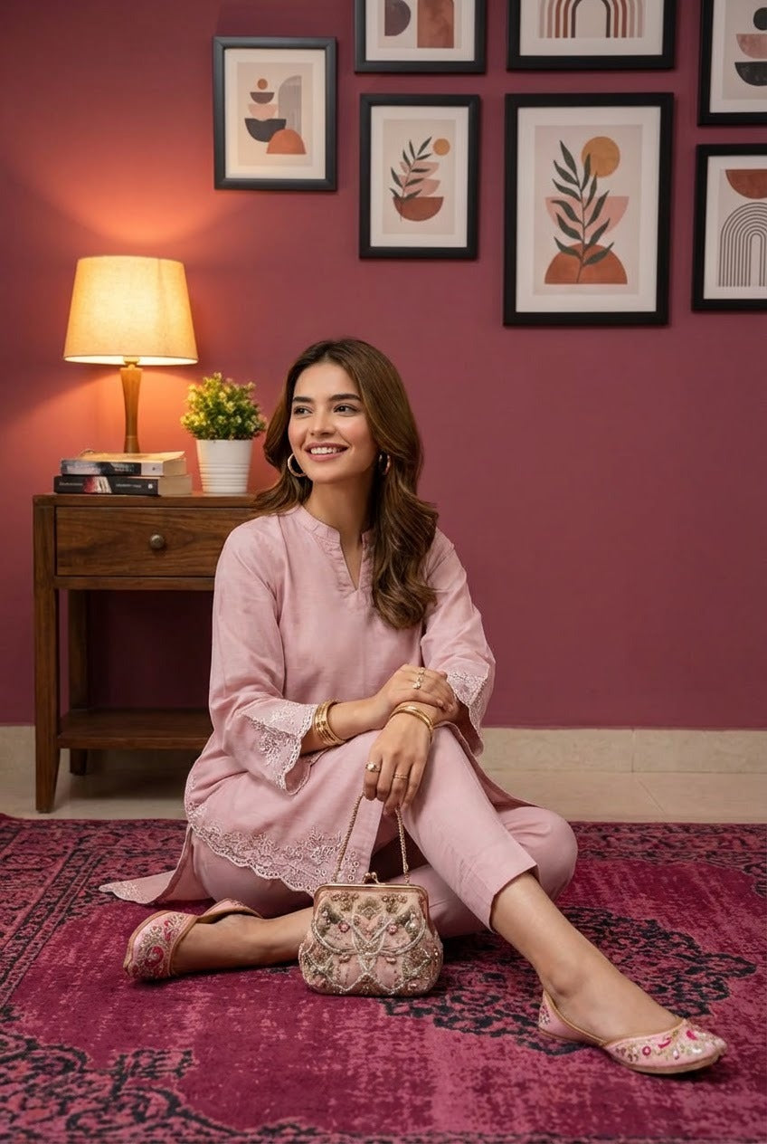Hand Embroidered  Pink Chicken Kari Co-Ord Set