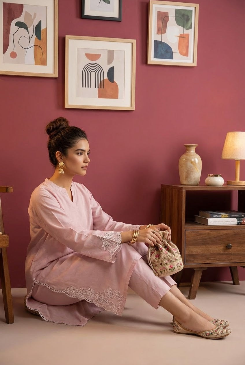 Hand Embroidered  Pink Chicken Kari Co-Ord Set