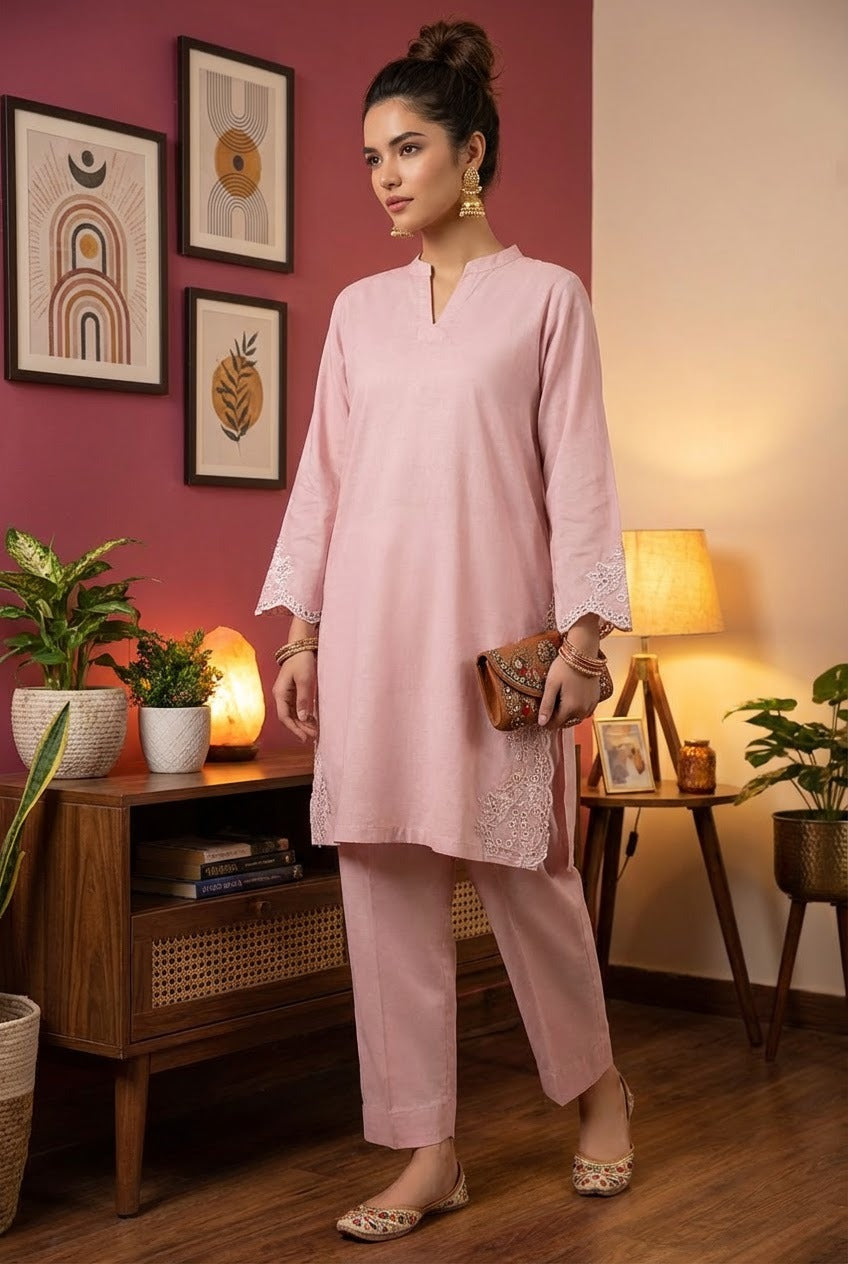 Hand Embroidered  Pink Chicken Kari Co-Ord Set